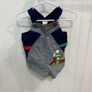 Striped Navy Kids Overalls with Train Design